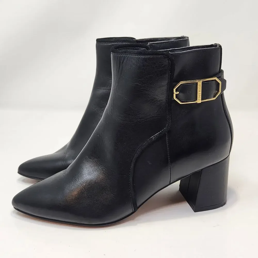 Cole Haan Ettie Buckle Black Leather Ankle Boots Women Size 8B Pointed Toe Zip